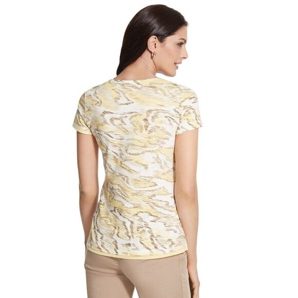 Chicos Zenergy Short Sleeve Scoop Neck Robyn Print Top Yellow Size 0 (US Size S) - Picture 7 of 7